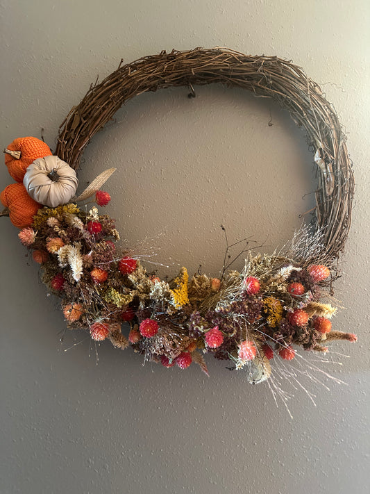 Dried Flower Wreath with Pumpkins