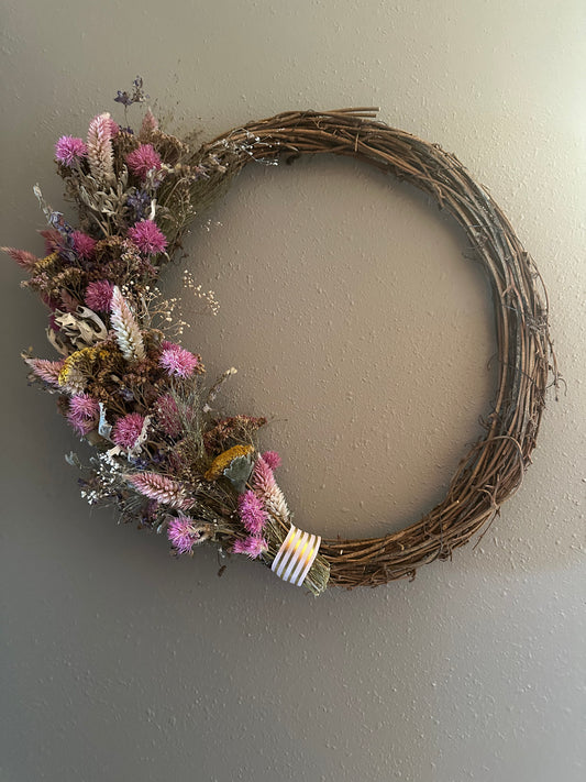 Dried Flower Wreath with Pink and Gold Ribbon