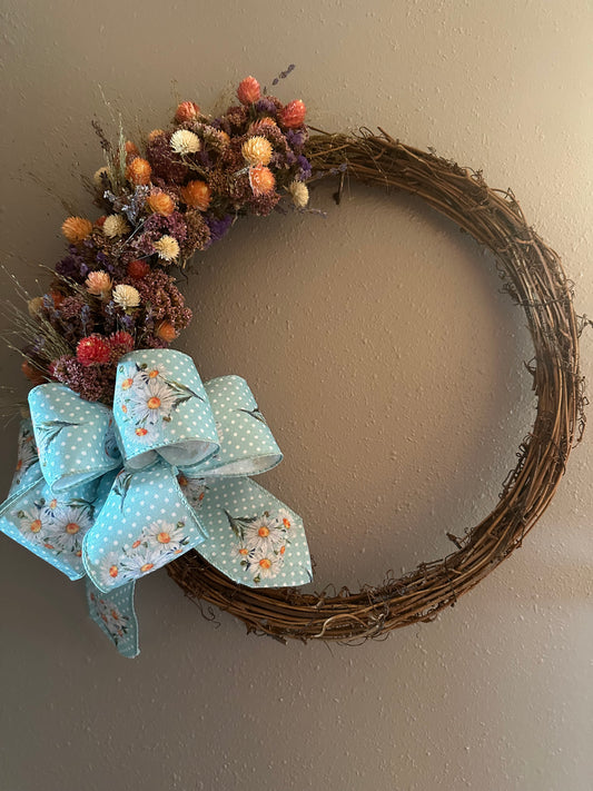 Dried Flower Wreath with Sky Blue Ribbon