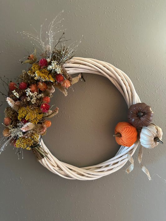 White Dried Flower Wreath with Pumpkins