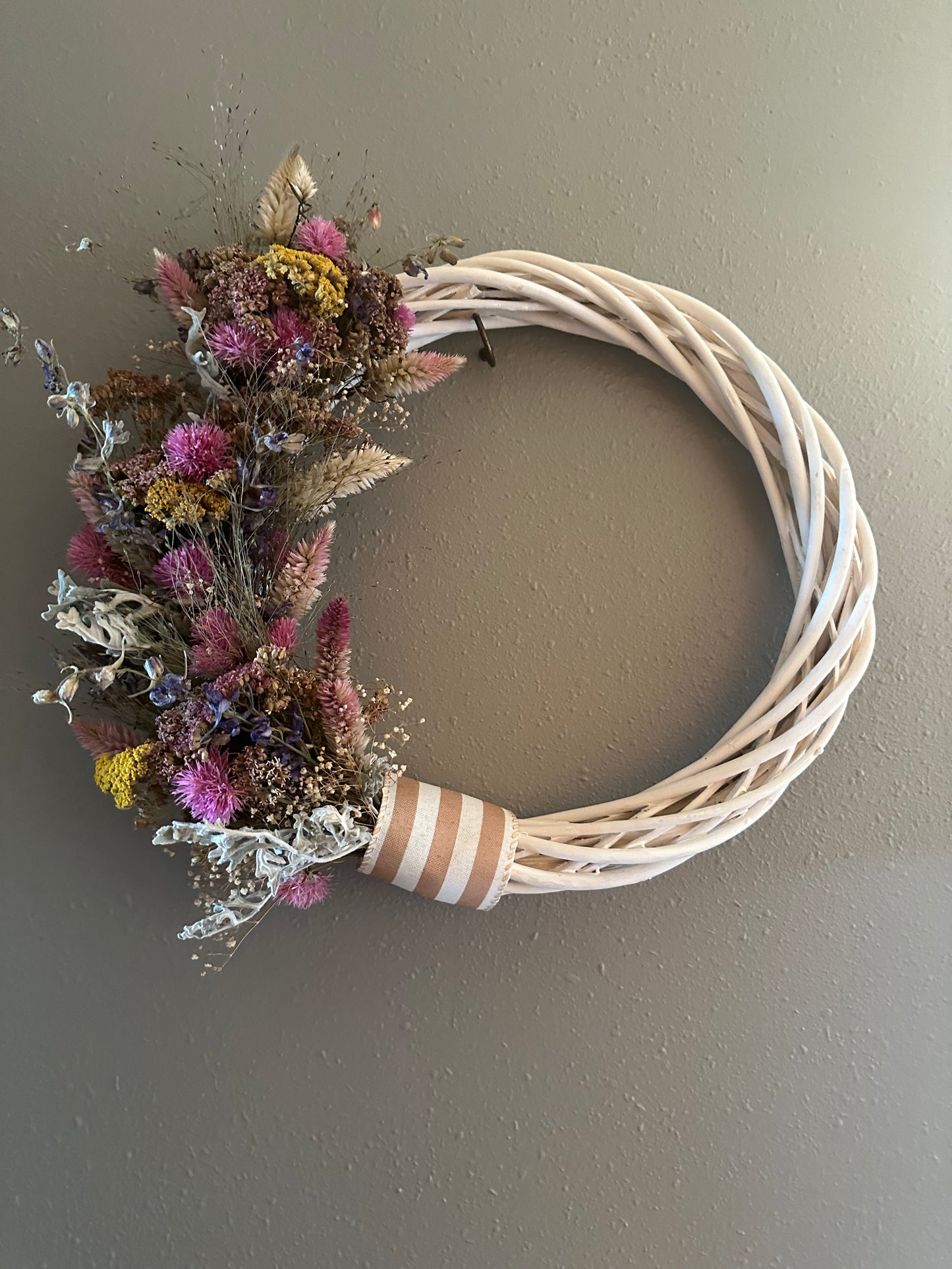 White Dried Flower Wreath with Gold Ribbon