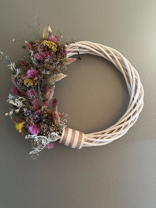 White Dried Flower Wreath with Gold Ribbon